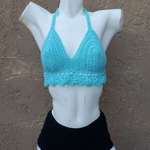 Hand Crafted Sky Blue Crochet Halter Top Bralette Size M